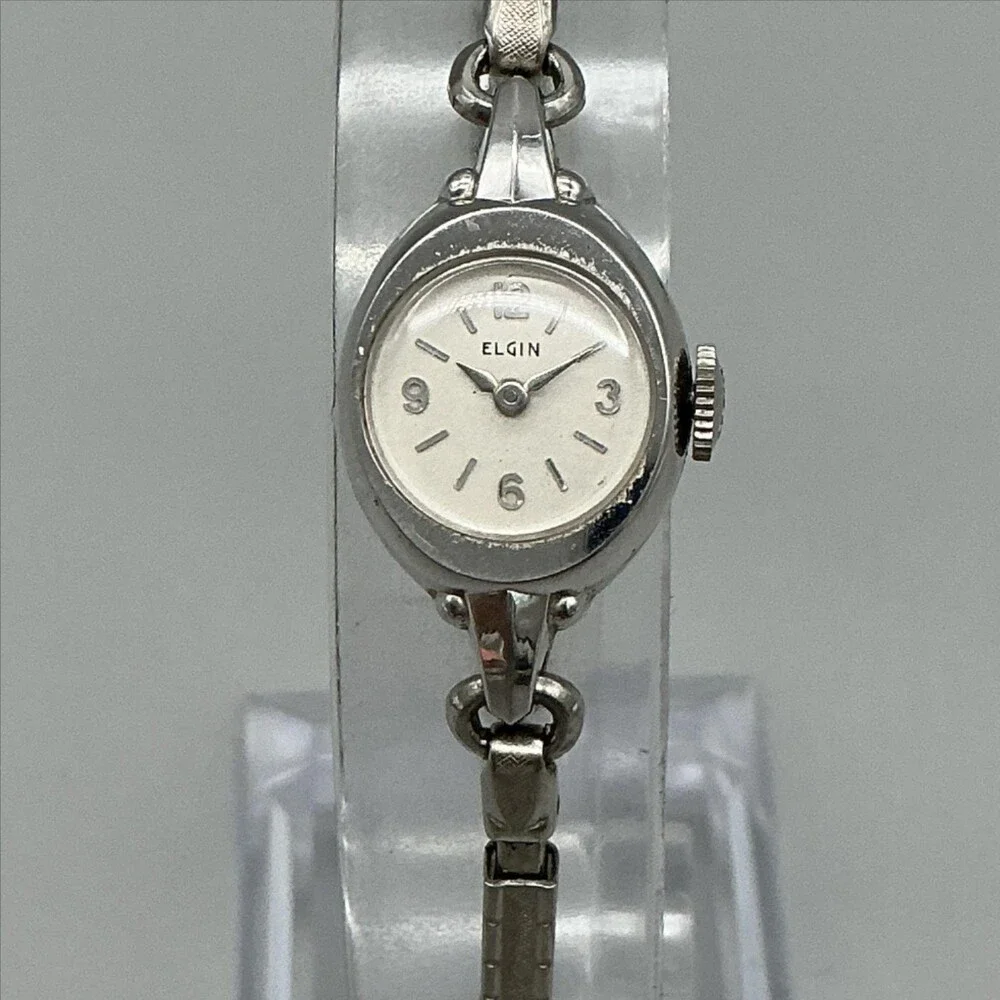 Vintage Elgin Womens Watch 10K RGP Bezel 14mm White Dial Stretch Bracelet Manual